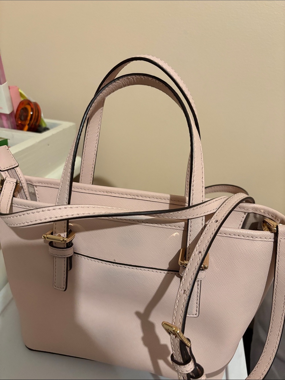 Blush Saffiano Tote wGold. Used twice. little blue on edge of purse from Jeans - Picture 4 of 6